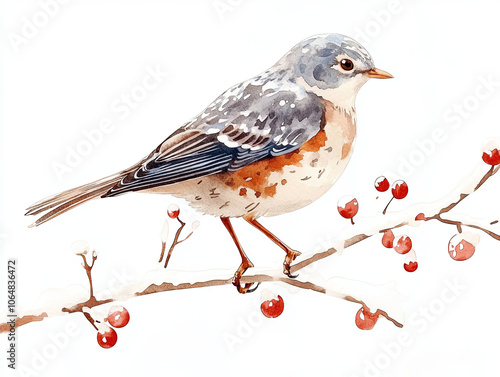 playful watercolor style fieldfare perched on branch with red berries, showcasing its unique plumage and vibrant colors. This charming bird adds touch of nature beauty to any setting