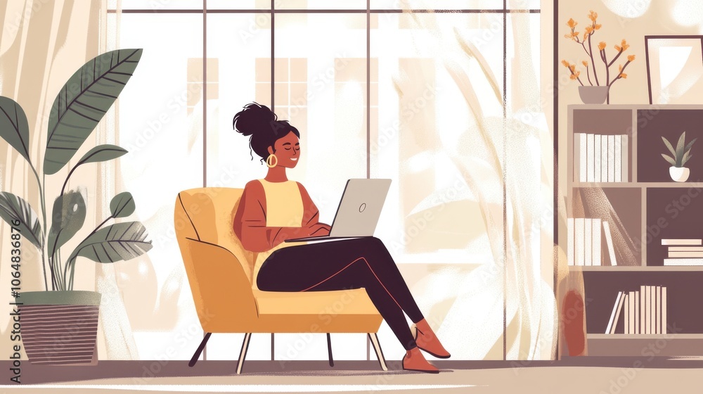 Fototapeta premium An independent woman sitting in a cozy nook, comparing