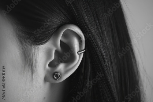 Industrial Ear Piercing: A profile shot of an ear with an industrial piercing a barbell spanning the upper ear cartilage. The background is neutral, making the ear and piercing the focal points.  photo