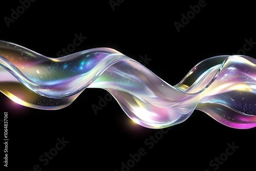 3D abstract liquid glass ribbon wave line render with rainbow fluid flow and holographic gradient texture.