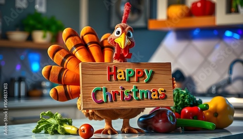 Turkey cartoon character holding a wooden sign that says 'Happy Christmas' in colorful letters with copy space  photo