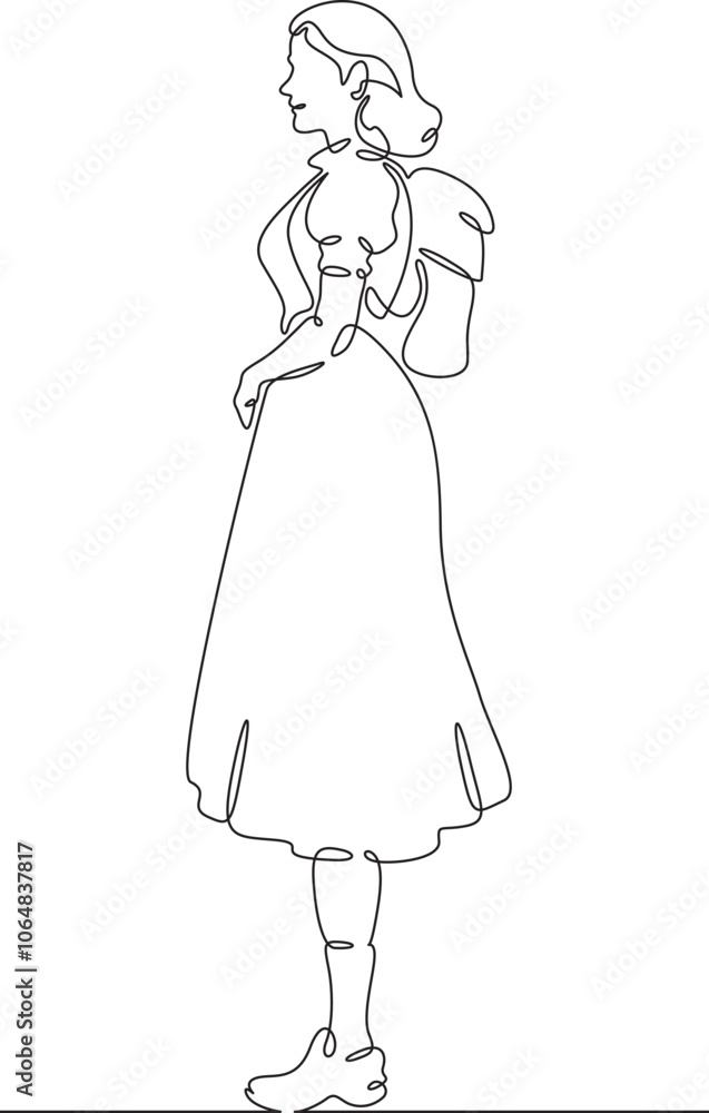 Continuous one line drawing tourist girl with a backpack on a walk. Retro vintage. Young woman in retro clothes. One continuous line isolated minimal vertical illustration. Continuous one line drawing tourist girl with a backpack on a walk. Retro vintage. Young woman in retro clothes. One continuous line isolated minimal vertical illustration.