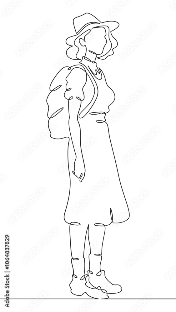 Continuous one line drawing tourist girl with a backpack on a walk. Retro vintage. Young woman in retro clothes. One continuous line isolated minimal vertical illustration. Continuous one line drawing tourist girl with a backpack on a walk. Retro vintage. Young woman in retro clothes. One continuous line isolated minimal vertical illustration.