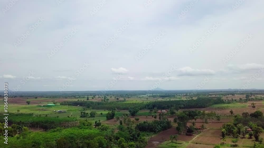 Lush green landscape with a mix of trees and open fields under a cloudy sky captured from above Lush green landscape with a mix of trees and open fields under a cloudy sky captured from above