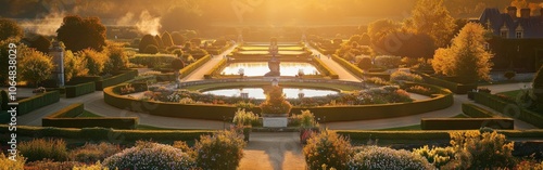 Stunning view of the Château de Villandry gardens at sunset featuring manicured hedges and vibrant flowerbeds in Centre-Val de Loire