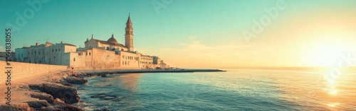 A stunning view of Trani Cathedral at sunset by the waterfront in Puglia, showcasing exquisite Romanesque architecture photo