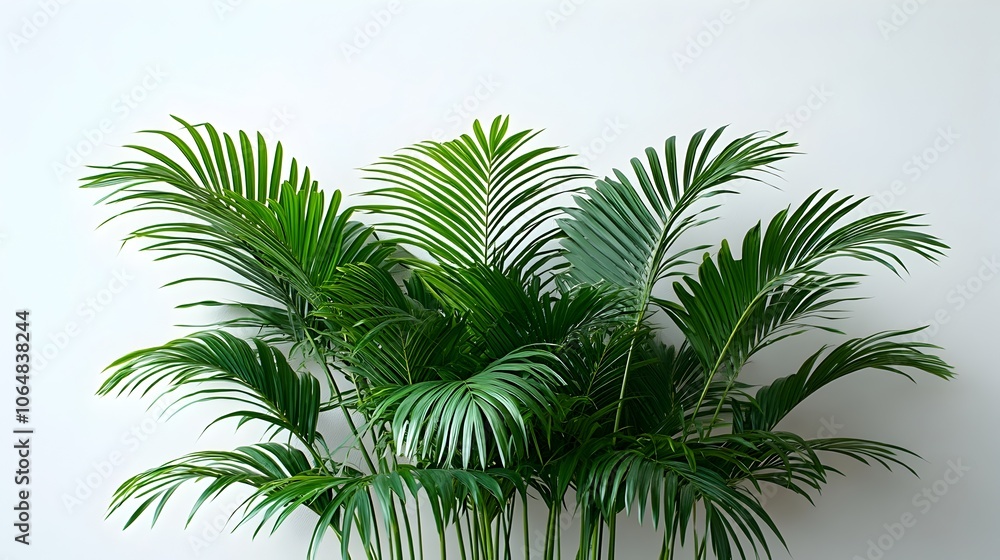 Fototapeta premium Lush,verdant tropical palm tree with vibrant green foliage and leaves isolated on a clean,white background. Scenic,photogenic nature scene perfect for summer,travel,or vacation design.