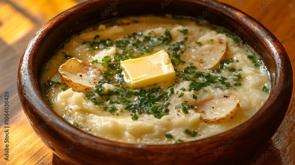 Creamy Mashed Potatoes with Butter and Herbs in Rustic Bowl Creamy Mashed Potatoes with Butter and Herbs in Rustic Bowl