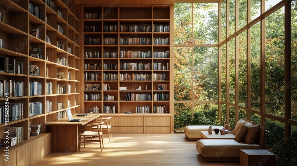 A Japandi style home library with built-in wooden bookshelves A Japandi style home library with built-in wooden bookshelves