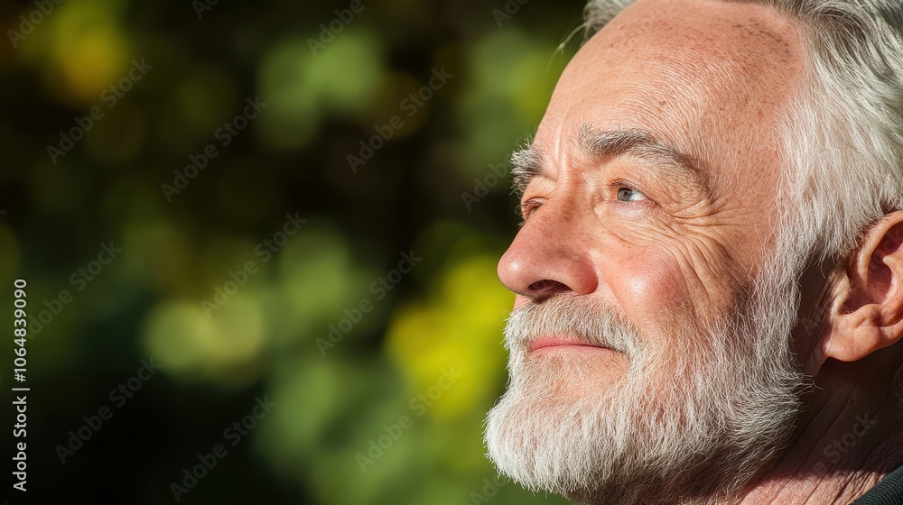 Senior man enjoying a moment of tranquility outdoors under warm sunlight with vibrant greenery in the background during a calm afternoon Senior man enjoying a moment of tranquility outdoors under warm sunlight with vibrant greenery in the background during a calm afternoon