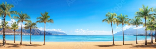 A serene view of Playa de Las Teresitas in Tenerife with golden sands, palm trees, and turquoise waters under a clear blue sky photo