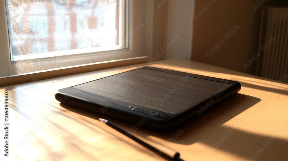 Black E reader On Wooden Table By Window With Pencil