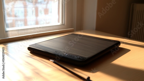 Obraz na płótnie Black E reader On Wooden Table By Window With Pencil w salonie