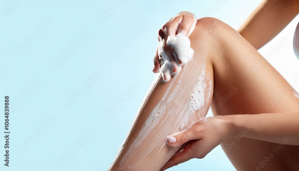 Naklejka premium Shaving women's female legs full of soap