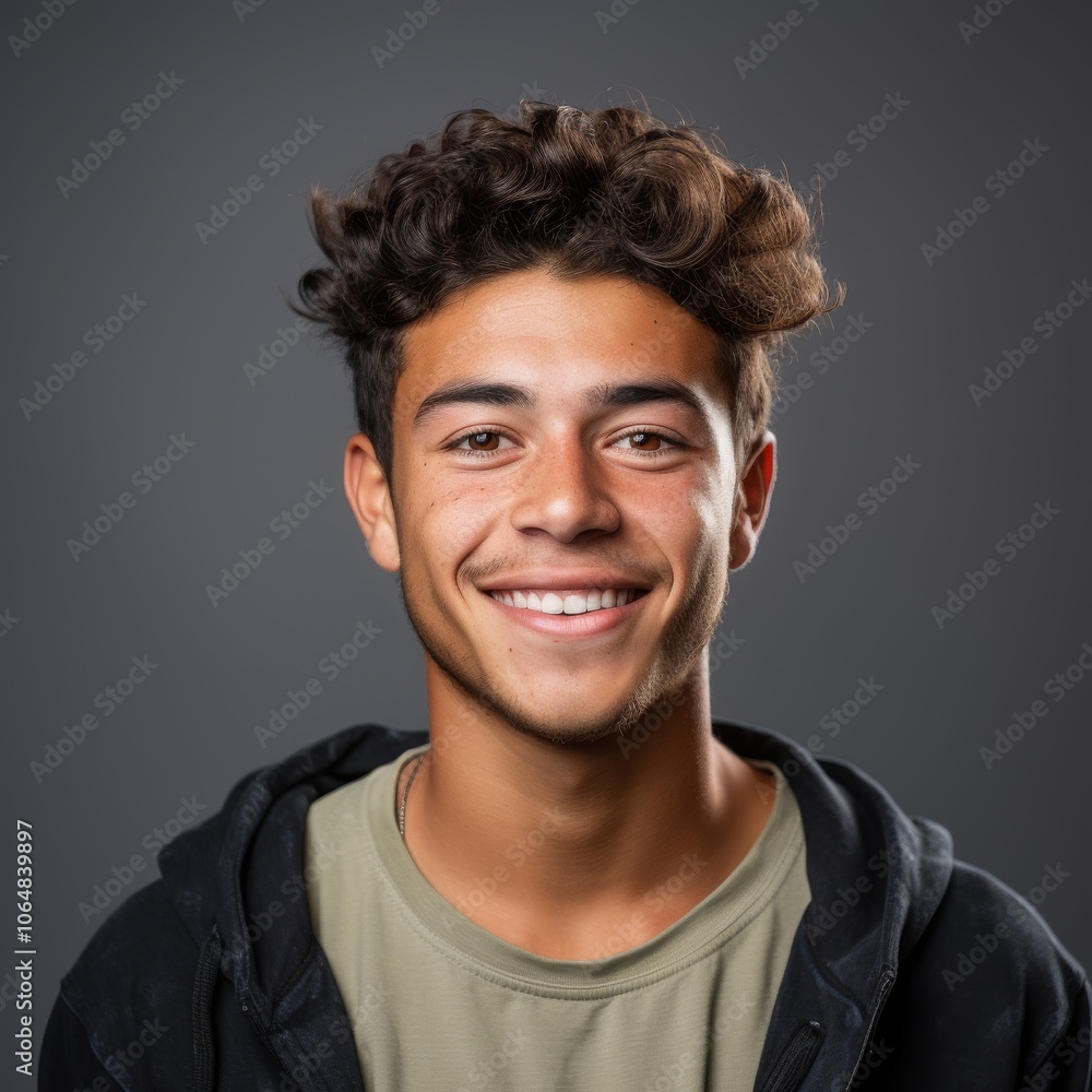 Close up of a young man in a casual sweatshirt with a neutral facial expression against a gray backdrop Close up of a young man in a casual sweatshirt with a neutral facial expression against a gray backdrop