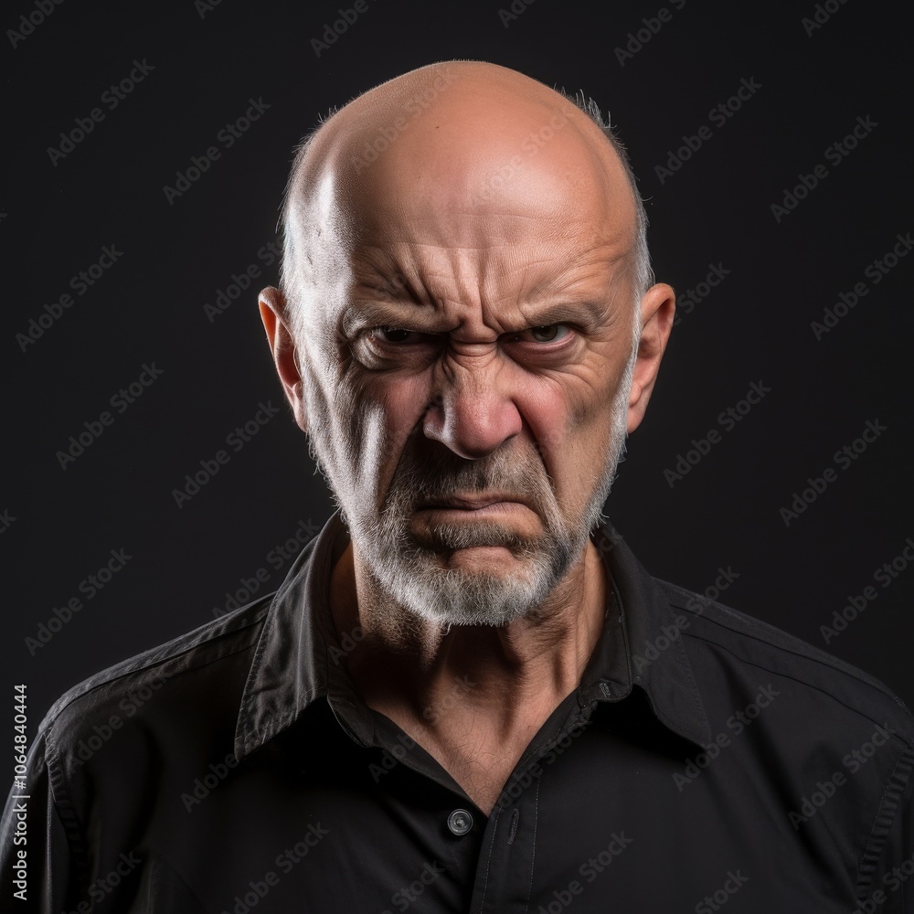Close up of an upset man with a fierce expression in a casual hoodie against a neutral gray backdrop Close up of an upset man with a fierce expression in a casual hoodie against a neutral gray backdrop