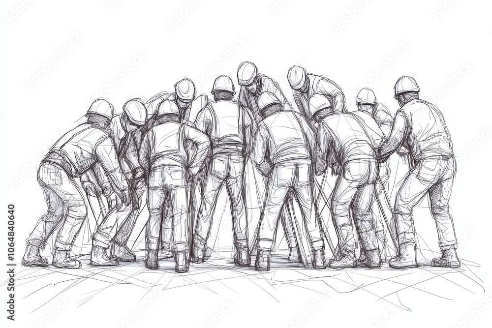 Obraz premium Group of workers collaboratively lifting heavy object to demonstrate teamwork and strength in action