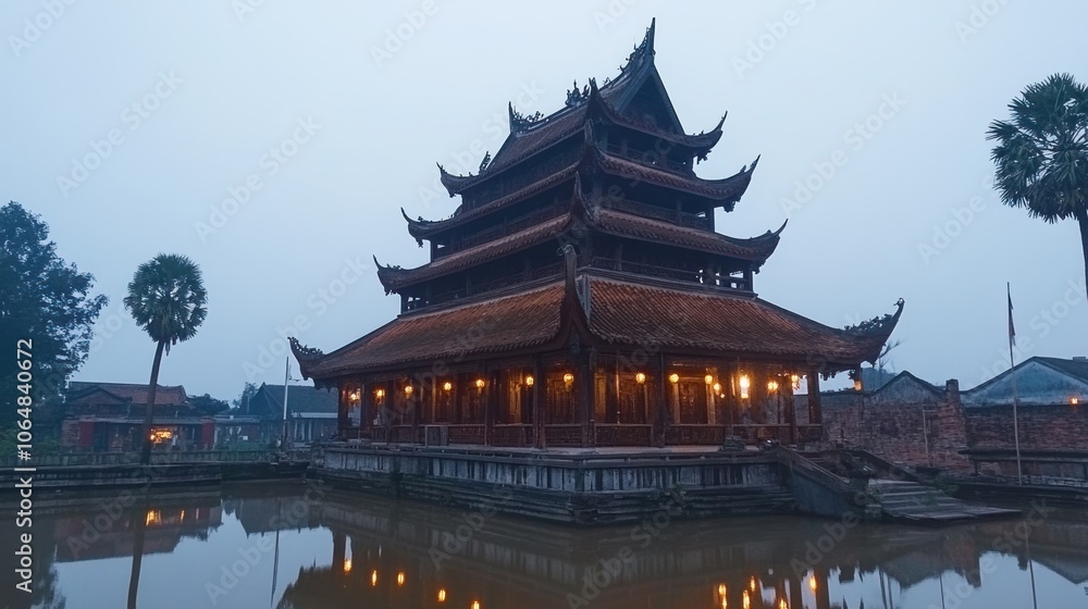 A serene traditional pagoda reflecting in still water at dusk. A serene traditional pagoda reflecting in still water at dusk.