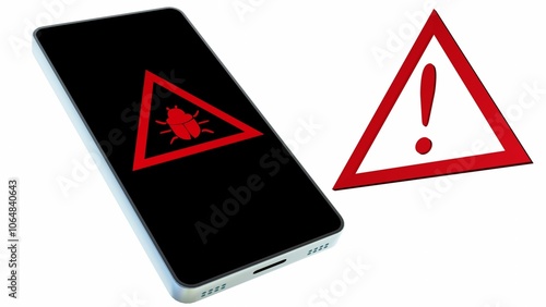 A 3D rendering of smartphone displaying a warning sign with a bug symbol, a potential malware or virus infection. Free Download A 3D rendering of smartphone displaying a warning sign with a bug symbol, a potential malware or virus infection. - GFXLoad