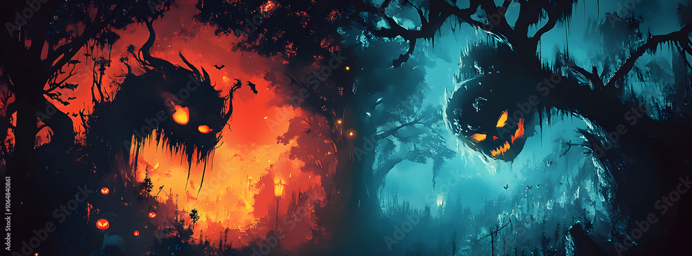 Mysterious and Enchanting Fantasy Forest Landscape with Glowing Eyes Peering from the Darkness - A Captivating Otherworldly Scene of Myth and Legend Mysterious and Enchanting Fantasy Forest Landscape with Glowing Eyes Peering from the Darkness - A Captivating Otherworldly Scene of Myth and Legend
