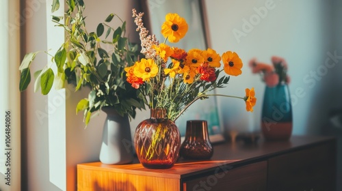 Cheerful and bright orange and yellow flowers placed on a wooden photo