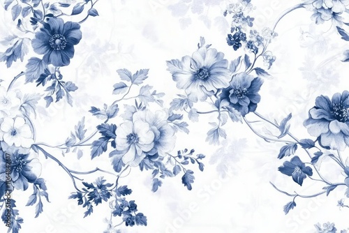 A Toile De Jouy vintage floral seamless pattern features delicate florals, wildflowers, and romantic motifs on a white background with modern color schemes. photo