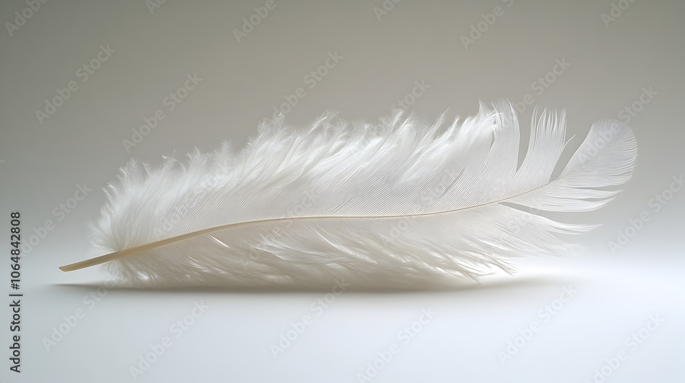 Obraz premium Serene,delicate white feather floating in natural soft focus studio lighting with ample copy space. Elegant,minimalist,premium style image with a calming,zen-like atmosphere.