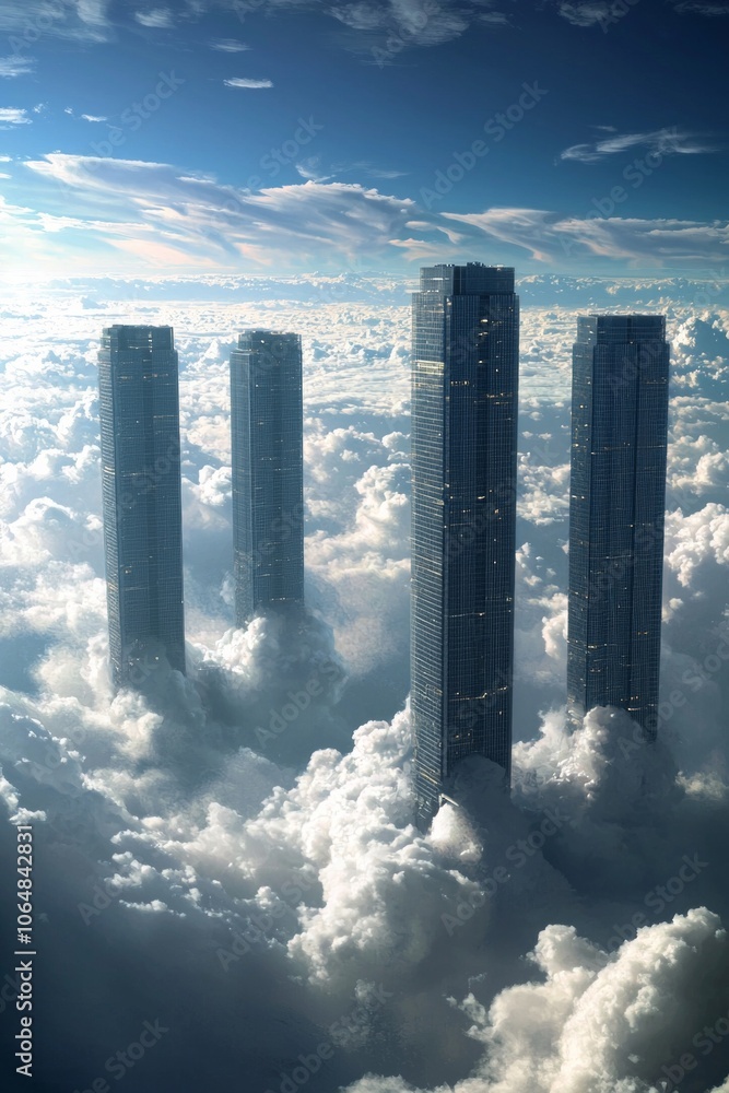 Fototapeta premium A surreal scene of four tall, thin office buildings floating above the clouds in space. 
