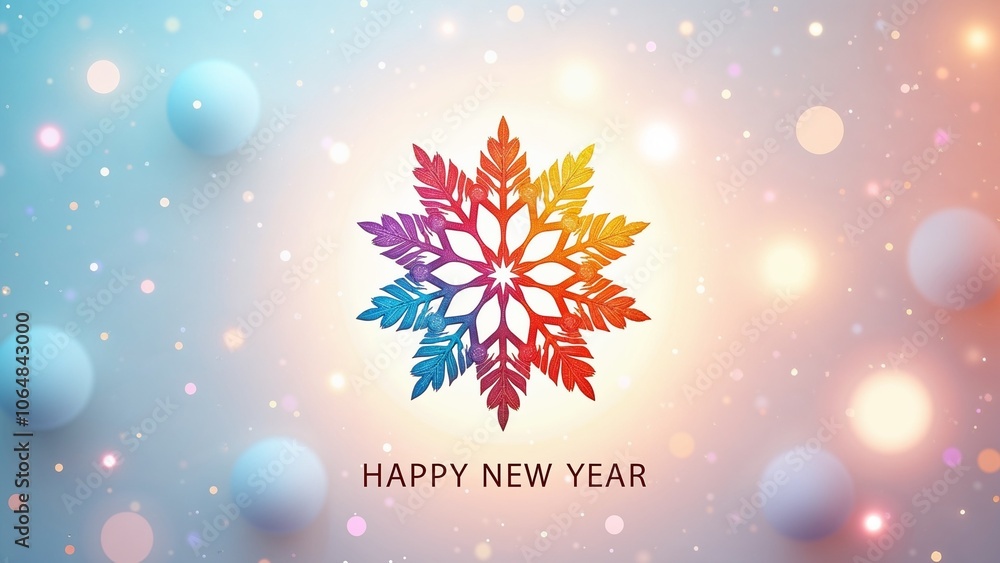A vibrant snowflake symbolizing joy and celebration to welcome the New Year with colorful lights and festive spirit A vibrant snowflake symbolizing joy and celebration to welcome the New Year with colorful lights and festive spirit