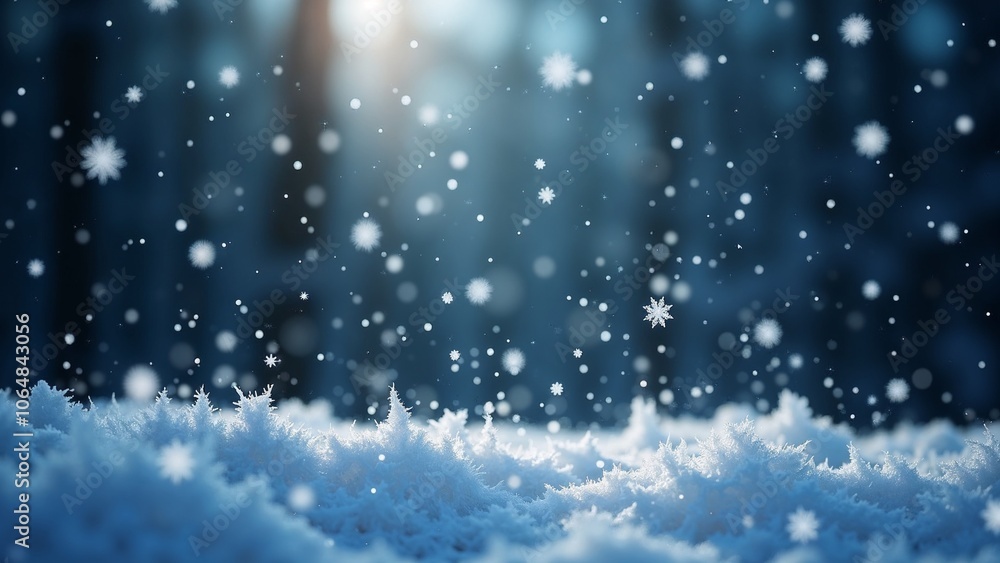 Obraz premium Snowflakes dance in a serene winter forest under soft rays of sunlight filtering through tall trees