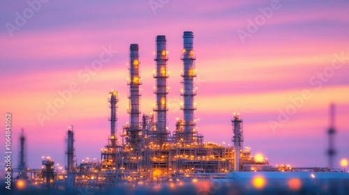 Majestic Oil Refinery Plant Illuminated at Sunset with Glowing Towers and Deep Industrial Landscape