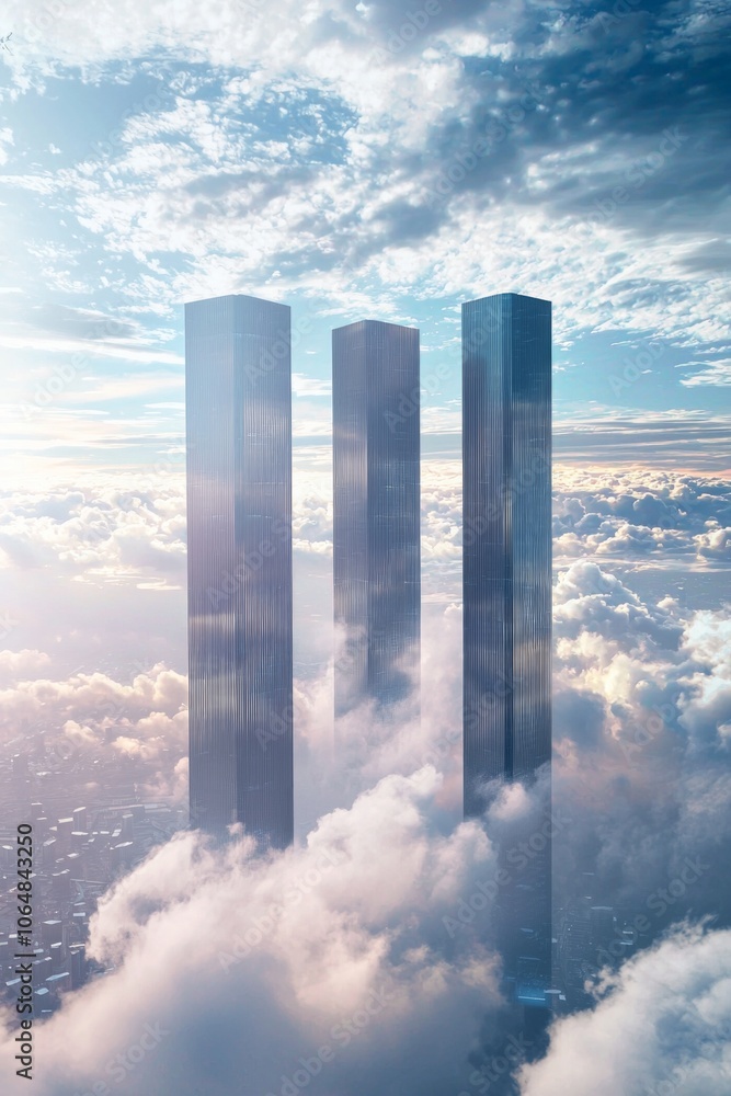 Fototapeta premium A surreal scene of four tall, thin office buildings floating above the clouds in space.