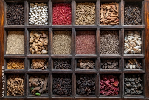 Old wooden textured drawers background in chinese herbal medicine shop in china.Vintage asian objects. with generative ai