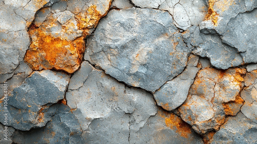 A textured surface of cracked rocks with orange rust accents.