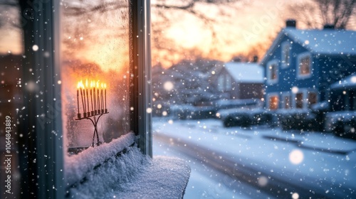 Winter Window View with Menorah and Snowfall photo