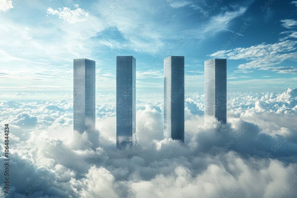 Fototapeta premium A surreal scene of four tall, thin office buildings floating above the clouds in space.