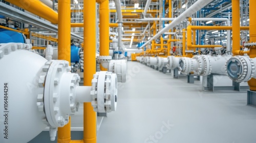 Detailed view of a natural gas processing facility showcasing the complex network of piping systems valves and other industrial equipment in a clean modern and deep field environment