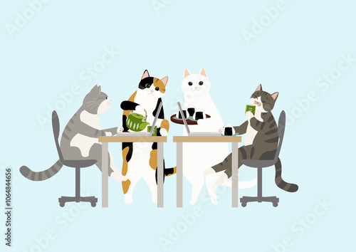 仕事で忙しい猫の同僚におにぎりと緑茶を差し入れする猫たと
