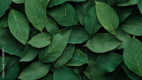 Lush green leaves overlapping, creating vibrant natural texture