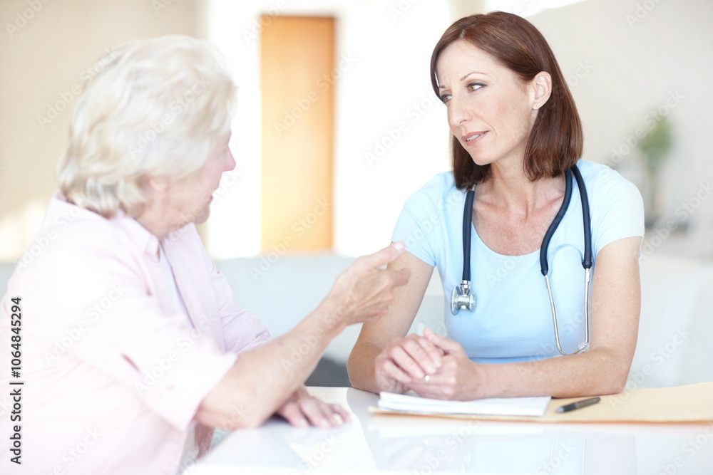 Discussion, support and doctor with old woman in hospital for consulting, advice and healthcare report. Wellness, feedback and diagnosis with patient and person in clinic for treatment and medical Discussion, support and doctor with old woman in hospital for consulting, advice and healthcare report. Wellness, feedback and diagnosis with patient and person in clinic for treatment and medical