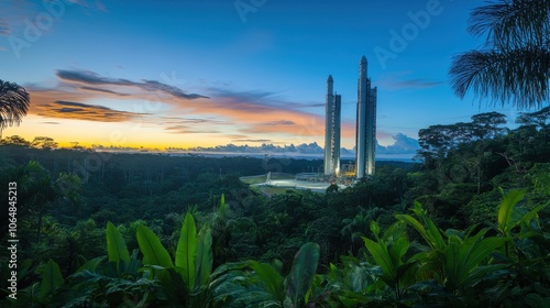 A stunning view of the Guiana Space Centre launch pads surrounded by tropical vegetation at twilight in French Guiana photo