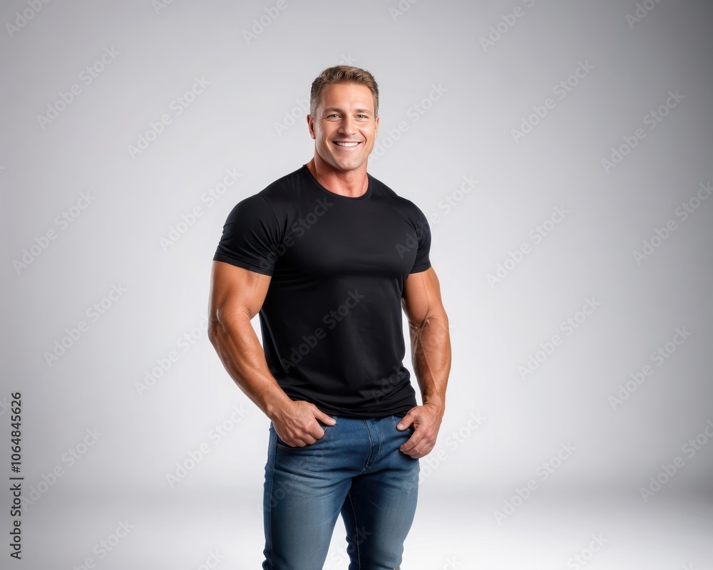 Muscular man wearing black t-shirt and jeans isolated on grey background Muscular man wearing black t-shirt and jeans isolated on grey background