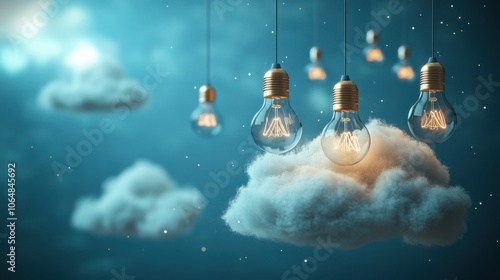 Many light bulbs hanging from the ceiling of a cloud photo