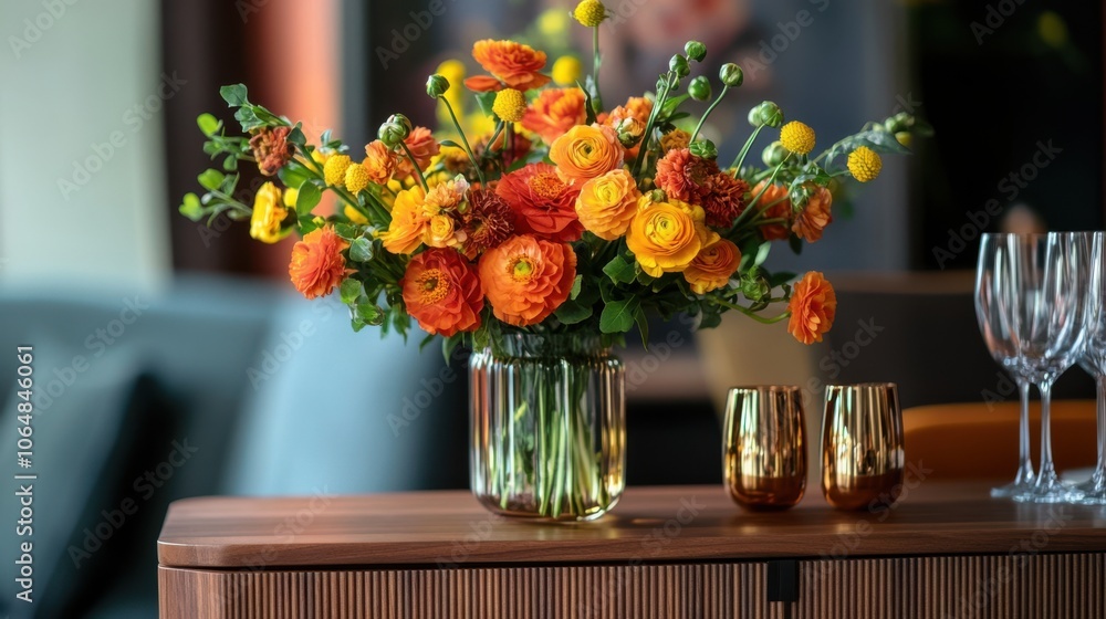 Vibrant orange and yellow fresh flowers on a modern wooden Vibrant orange and yellow fresh flowers on a modern wooden