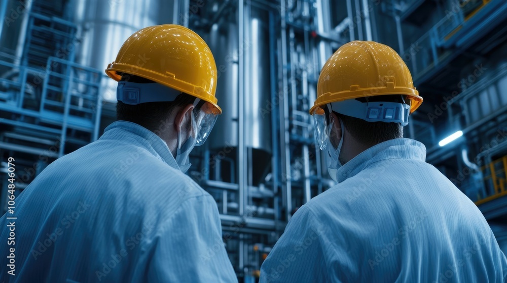 Two technicians wearing hard hats inspecting and maintaining cutting edge biofuel processing equipment and reactors in a modern industrial facility Two technicians wearing hard hats inspecting and maintaining cutting edge biofuel processing equipment and reactors in a modern industrial facility