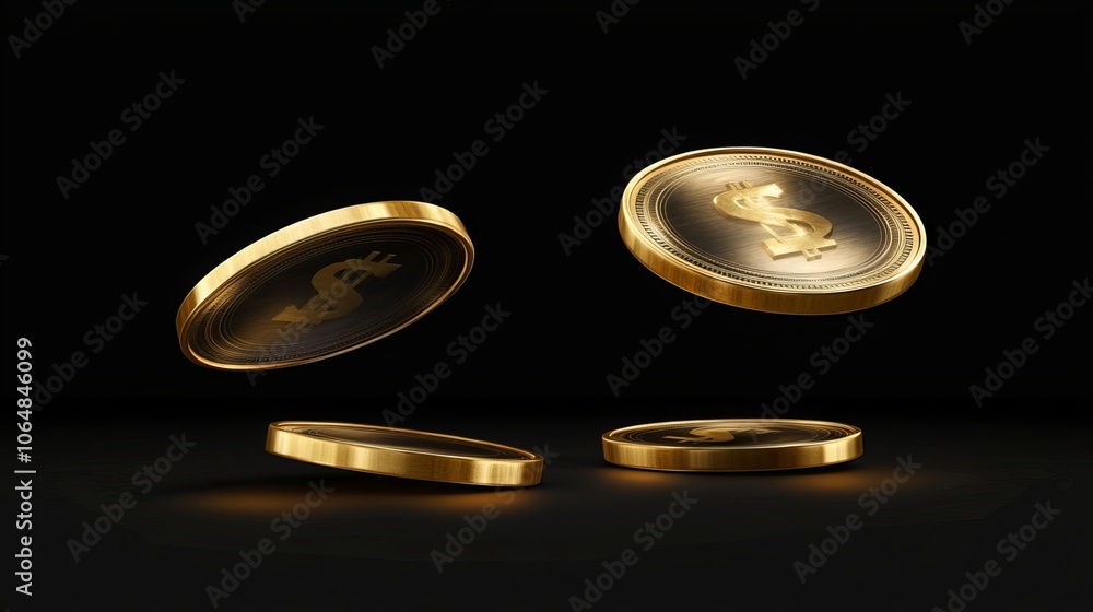 Realistic gold coin. Falling or flying money. Finance, investment and savings concept. Realistic gold coin. Falling or flying money. Finance, investment and savings concept.