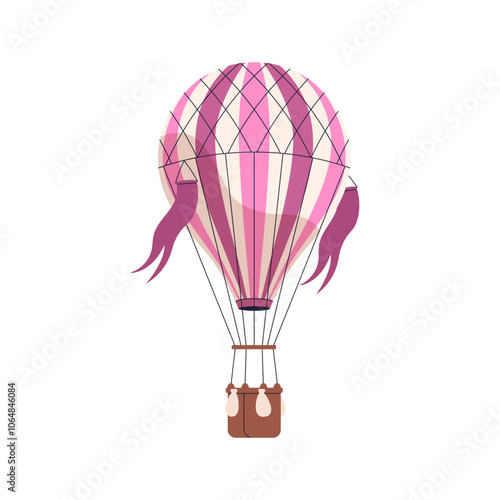 Hot air balloon, baloon flying. Hotair aerostat with basket, banners and sandbags, floating. Aerial travel, flight. Retro airship. Flat graphic vector illustration isolated on white background