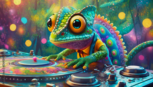 OIL PAINTING STYLE CARTOON CHARACTER cute chameleon DJ doing record Scratching in nightclub