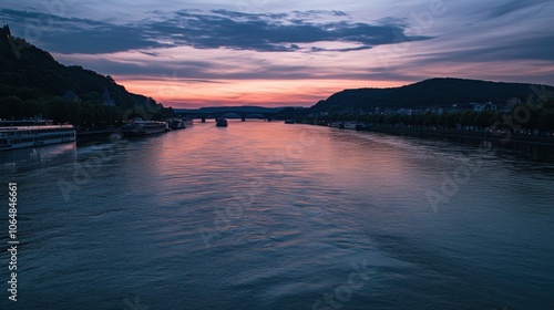 Tranquil sunset over the Rhine River in Grand Est with gliding boats and soft reflections on the water