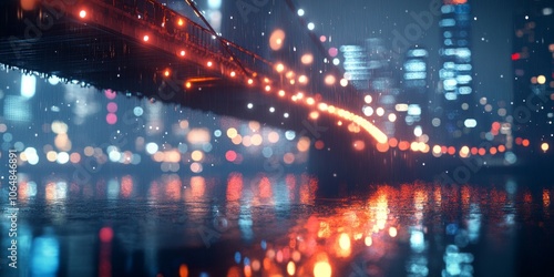 A captivating view of a city bridge lit up at night. The water reflects vibrant lights and colors. This image captures modern architecture and urban life. 